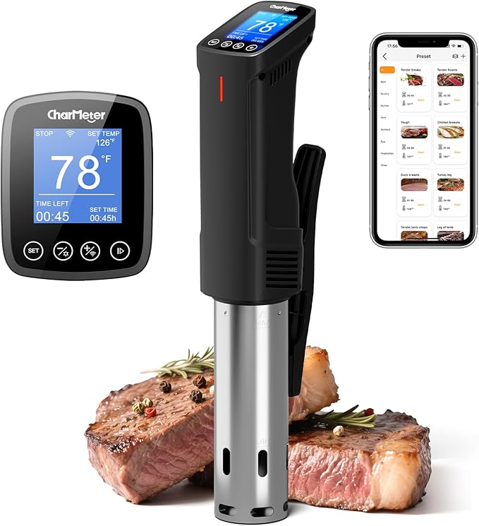 2.4g Wifi Sous Vide Cooker CharMeter Sous Vide Machine CSV-100-W, 1000 Wattts Sous-Vide Cooker Immersion Circulator App Control with 14 Preset Recipes, Calibration Function,Fast-Heating with Timer