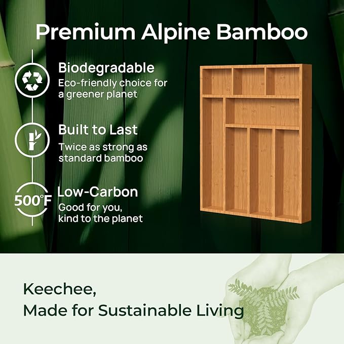 Carbonized Bamboo Kitchen Drawer Organizer, 8 Slots Silverware Organizer, Utensil Holder & Cutlery Tray, 2.2" Deep for Extra Capacity, Non-Slip Feet Included