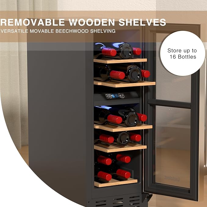 16-Bottle Wine Fridge, 12-Inch Compressor Cooler with Dual Zone, Built-in or Under Counter, 41-64F Digital Touchscreen, Triple-Layer Glass Wine Refrigerator for Home and Office