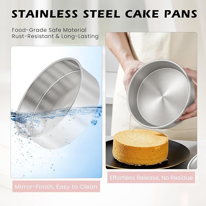6 Inch Cake Pan - 3PCS Stainless Steel Smash Cake Baking Pans Tins with 100 PCS Parchment Paper, Round Bakeware for Party Birthday Wedding, Mirror Finish & Dishwasher Safe