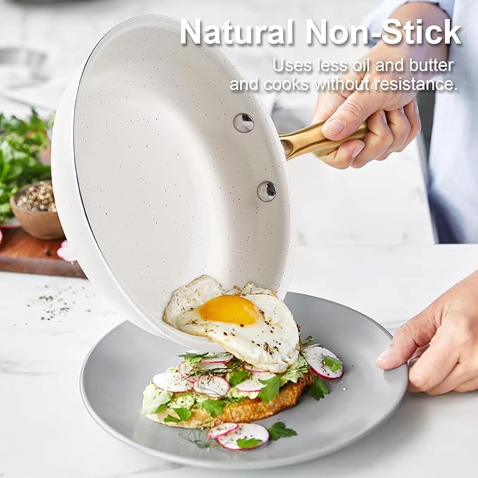 Ceramic Cookware Set, VONIKI 16 Pcs Pots and Pans Set Non Stick, Kitchen Cookware Sets with Cooking Utensils Set, Non Toxic Cookware Set White Gold Pan Set for Cooking Pot Oven & Dishwasher Safe, Gift