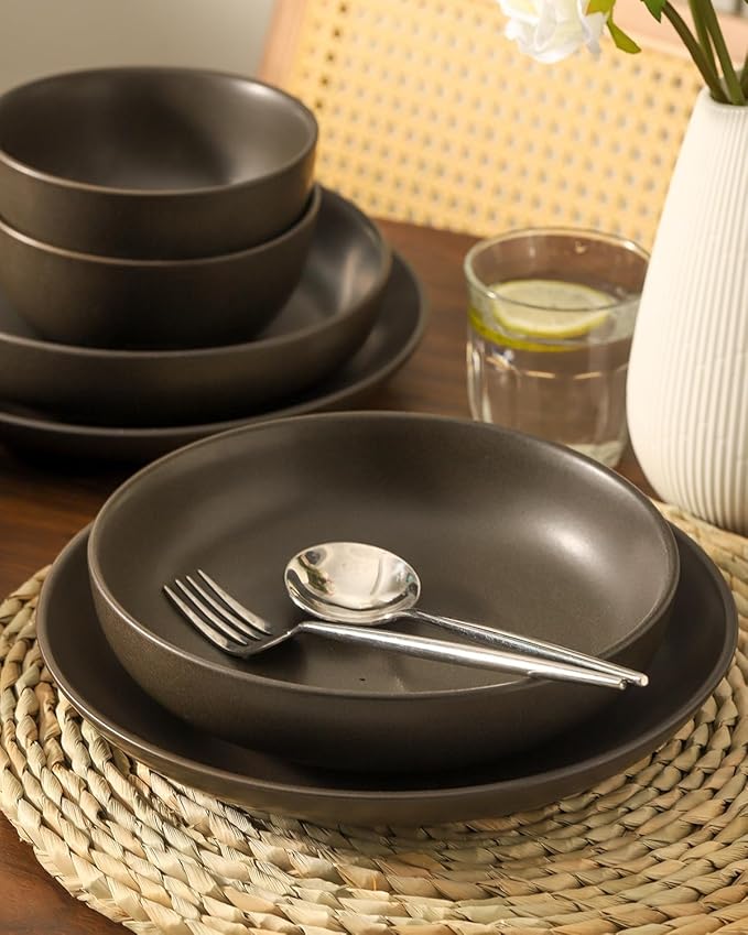 Dinnerware Sets, Stoneware Plates and Bowls Sets, Farmhouse 12 Piece Dish Set for 4, Ceramic Plates Set for Kitchen, Scratch Resistant, Dishwasher & Microwave Safe, Matte Black