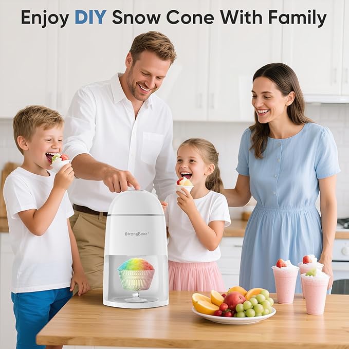 StrongBear Snow Cone Shaved Ice Machine, Electric Ice Shaver Slushie Machine, Snowcone Maker for Home Kids Summer Party, Includes 2 Reusable Ice Mold Cups, 1 Glass Goblet, 1 Non-slip Mat, White