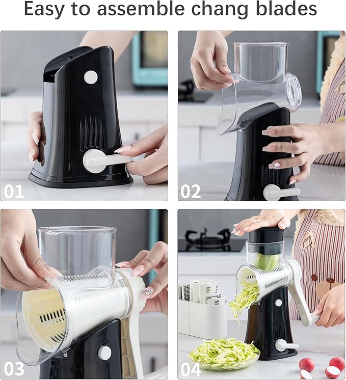 Rotary Cheese Grater, 5 in 1 Rotary Grater, Replaceable Stainless Blades Cheese Shredder, Cheese Slicer, Cheese Grater Hand Crank, Easy to Clean Kitchen Gadgets with Storage Box