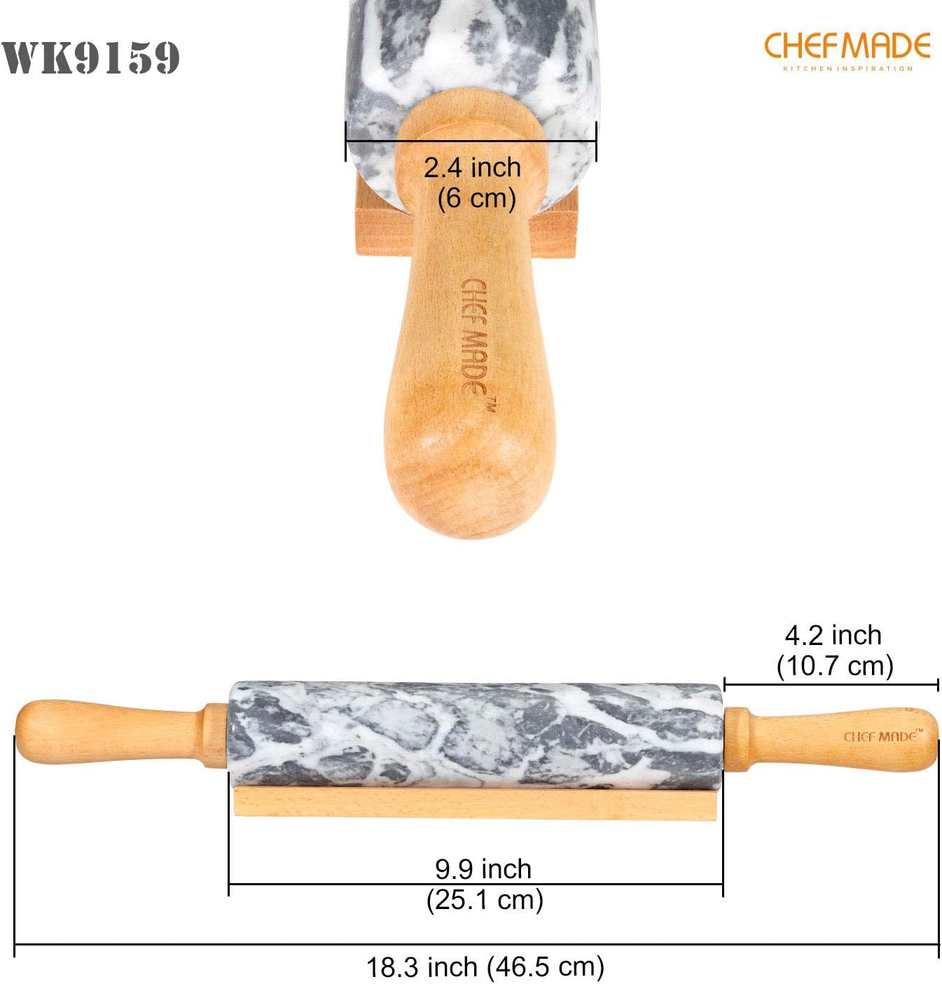 CHEFMADE 18-Inch Marble Rolling Pin with Wooden Handles and Cradle, Non-Stick (Gray and White)