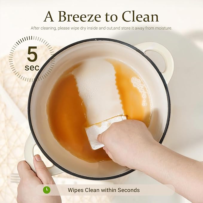 Overmont Enameled Cast Iron Dutch Oven - 4.5QT Pot with Lid Cookbook & Cotton Potholders - Heavy-Duty Cookware for Braising, Stews, Roasting, Bread Baking Cream White