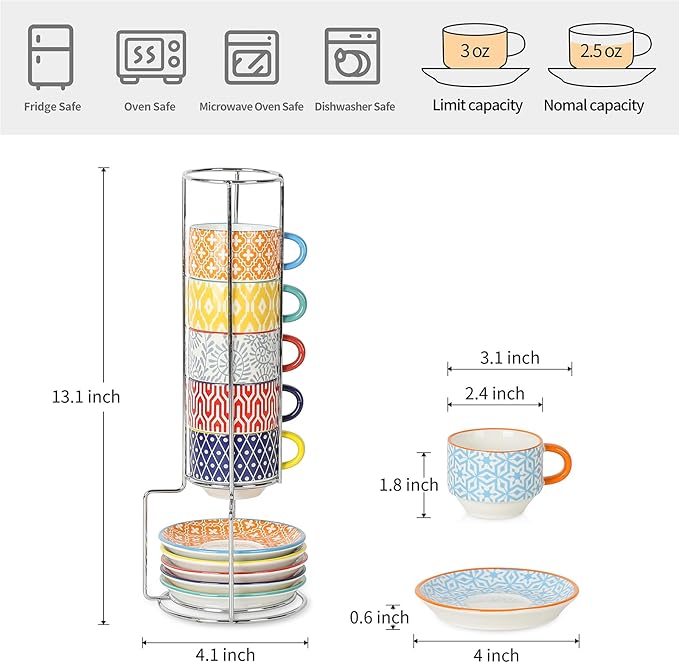 Selamica Ceramic Espresso Cups with Saucers, 2.5 OZ Stackable Demitasse Cups with Metal Stand, Mini Espresso Mugs for Latte Coffee Café Mocha Tea, Set of 6, Assorted Colors
