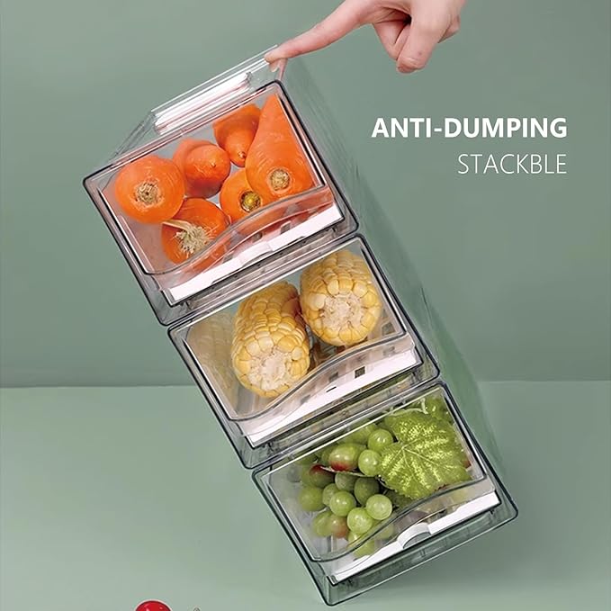 Refrigerator Drawers Pack of 2 With Pull Out Stackable Fridge Organizer Bins, Clear Cabinet Organizers for Kitchen Pantry Food Containers Produce Storage (2 Drawer,Medium)