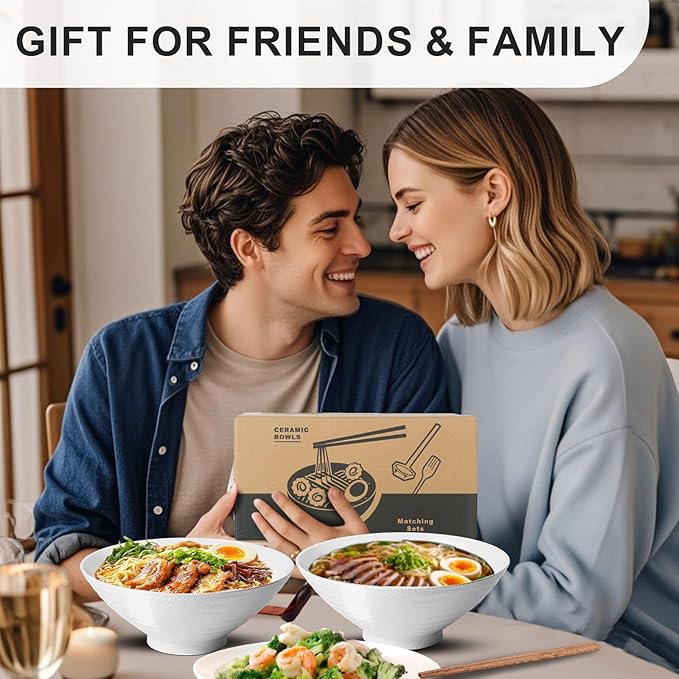 9.4Inch Ceramic Ramen Bowl Set of 2 (9 Piece) - Porcelain Japanese Salad Noodles Cereal Fruit Pasta Soup Large Bowls with Recipes Chopsticks Forks Spoons for Men Women Gift Microwave Dishwasher Safe