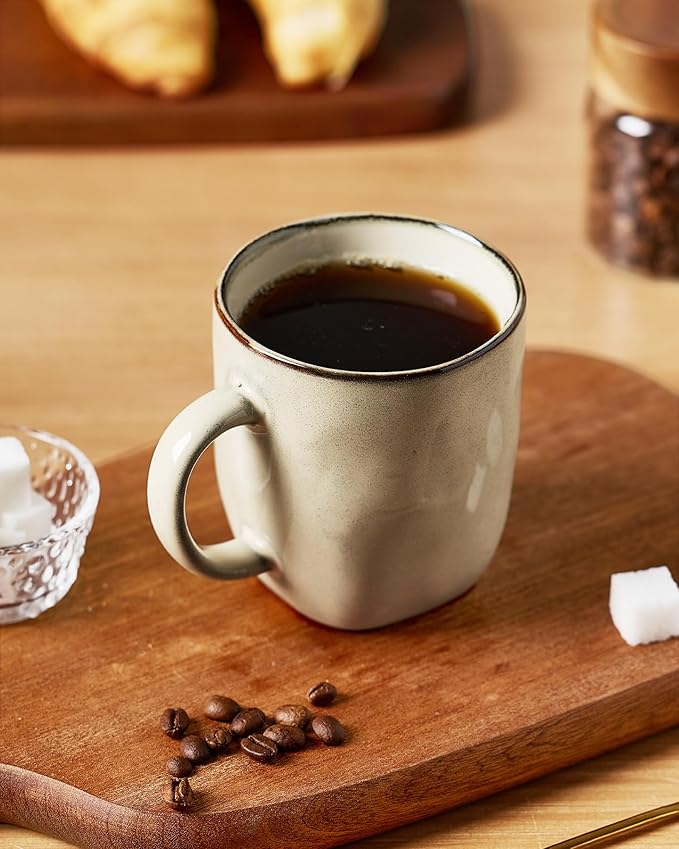 famiware Coffee Mugs Set of 6, Ocean Square 13oz Coffee Cup Set with Handle for Cocoa, Milk, Hot Chocolate, Tea, Water, Stoneware Cups for Kitchen, Microwave and Dishwasher Safe, Light khaki