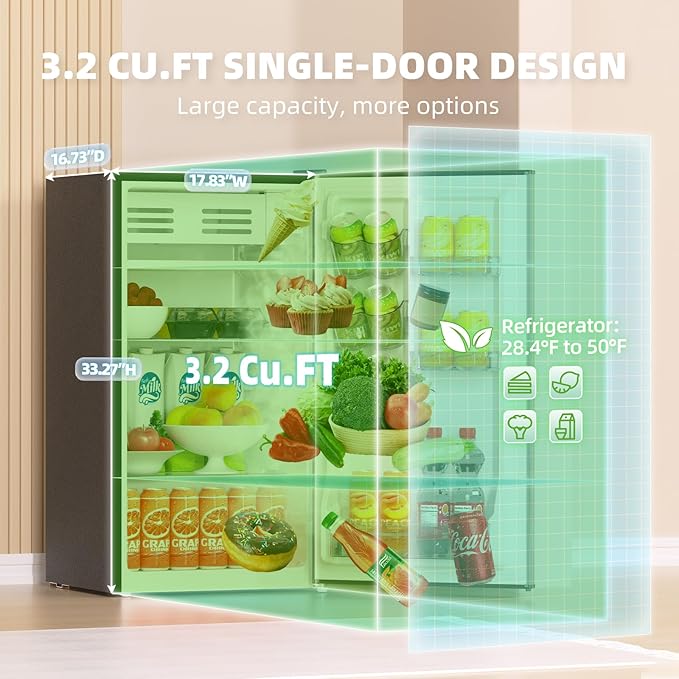 Frestec 3.2 Cu. Ft. Mini Fridge with Freezer Small Refrigerator, for Bedroom, Single Door, Energy Saving, Low Noise,for Office (Grey)