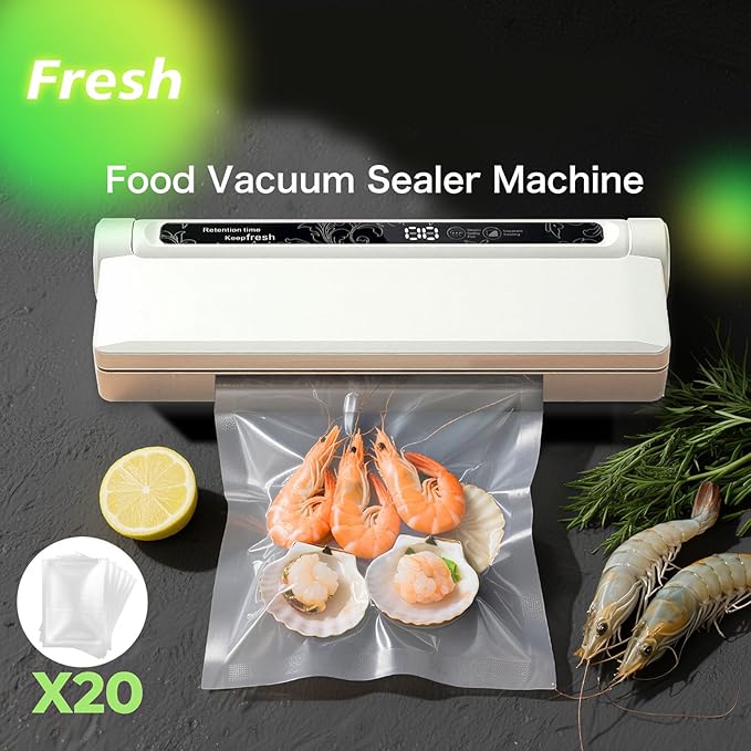 Kitchen utensil vacuum sealing machine, 60kPa suction, 20 vacuum sealing pockets, dry wet mode, digital countdown, white vacuum food sealing machine