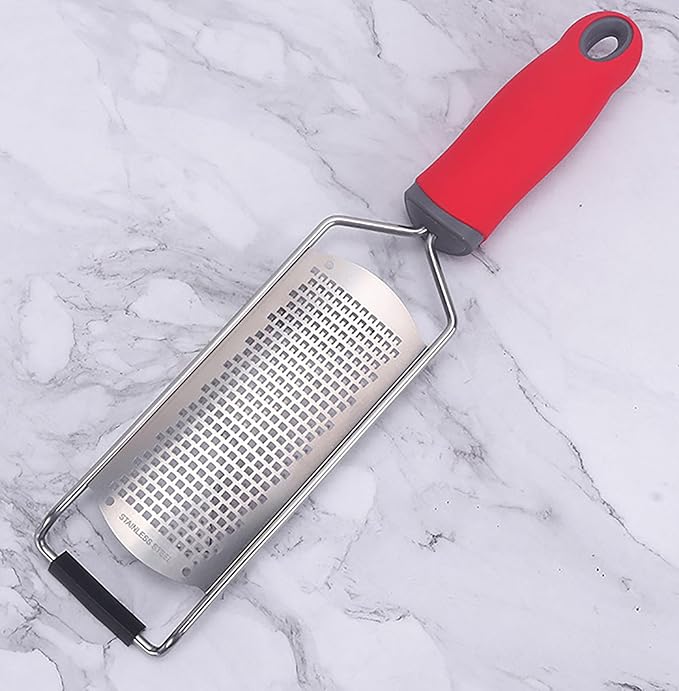 Heavy Duty Cheese Grater, 5.2 Inch x 2.2 Inch Wide Blade Stainless Steel Grater with Rubber Handle for Vegetables, Cheese and Lemon (Red)