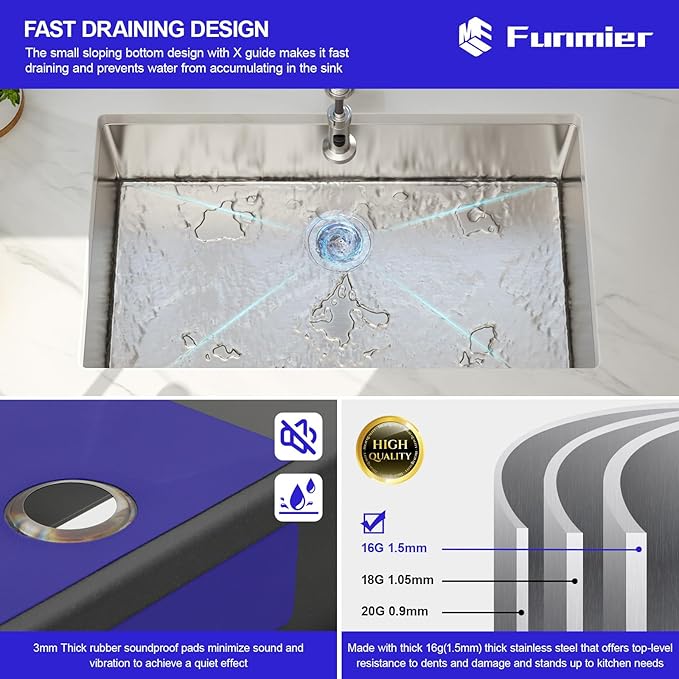 32 Inch Undermount Kitchen Sink - 32 x 19 Kitchen Sinks Stainless Steel 16 Gauge Single Bowl Under Mount Handmade Basin with Offset Drainer