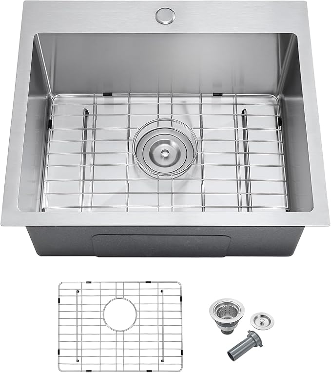 MENATT Brushed 20 Inch Kitchen Sink Drop in, 18 Gauge Stainless Steel 1 Faucet Hole Single Bowl Topmount Kitchen Sinks with Drain Assembly & Grid, D20"xW16"xH9"