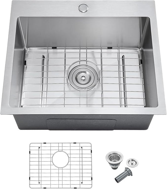 MENATT Brushed 20 Inch Kitchen Sink Drop in, 18 Gauge Stainless Steel 1 Faucet Hole Single Bowl Topmount Kitchen Sinks with Drain Assembly & Grid, D20"xW16"xH9"