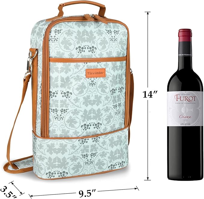 Tirrinia 2 Bottle Insulated Wine Tote Bag - Wine Tumbler Glass Cooler Carrier for BYOB Restaurants, Travel, Park, Beach - Blue & White Strap