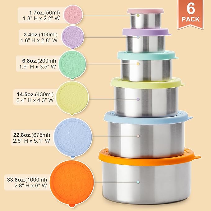 Stainless Steel Food Storage Container, Set of 6, Nesting Bowls with Colorful Lids, stackable leakproof Metal Lunch Box Set for Kids, Daycare, School, Travel. Sauce Salad dressing Container to go
