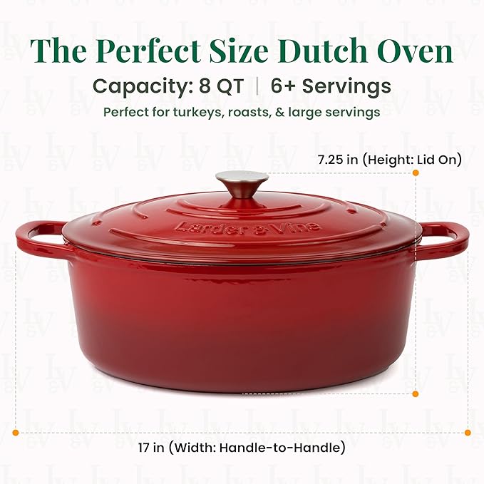 Larder & Vine Enameled Cast Iron 8 qt Dutch Oven Pot with Lid | Bread Baking | Compatible on All Cooktops & Oven Safe to 500° F | Great for Sourdough Bread | Cabernet