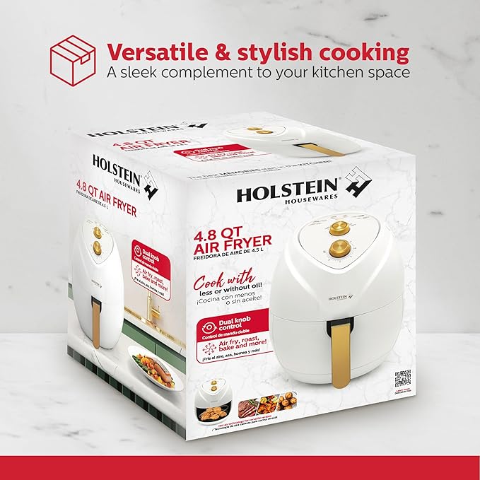 Holstein Housewares 4.8QT Air Fryer Golden Elegance. Hot Air Technology & PFOA Free Non Stick Coating for Less Oil Use with Led Display. No Pre Heating, Fry, Bake, Grill and Roast. White & Gold