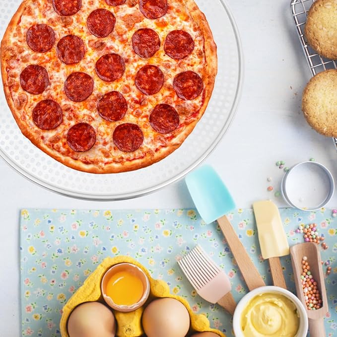 BESTonZON 16 Inch Pizza Tray, Aluminum Non-stick Pan with Holes Mesh Pizza Pan, Round Crisper Tray Baking and Serving Sheet for Oven Home Restaurant