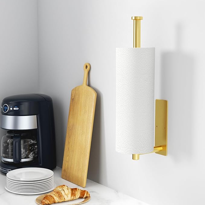 Paper Towel Holder - Self-Adhesive or Drilling, Gold Wall Mounted Rack - SUS304 Stainless Steel Kitchen Roll Holder Under Cabinet (2 Pack)
