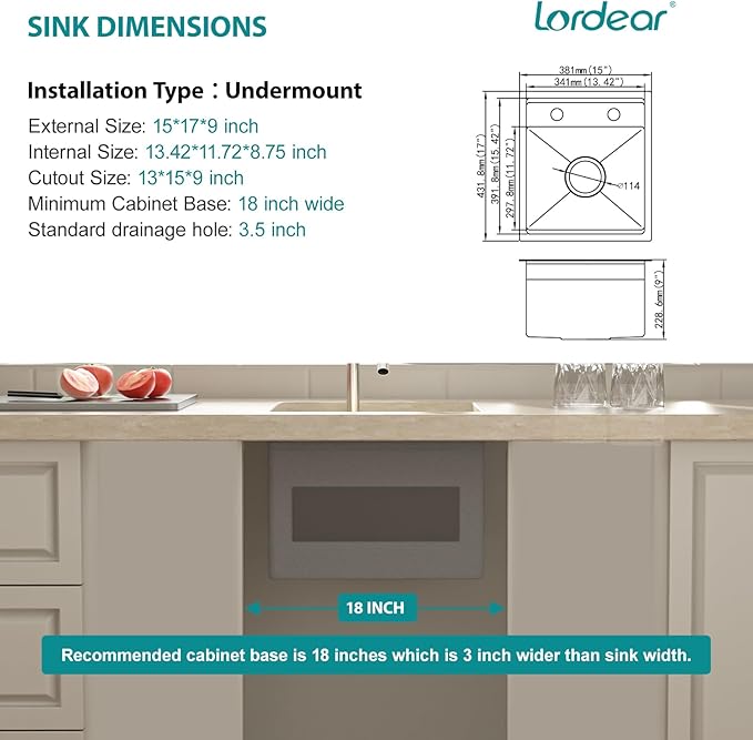 Lordear RV Kitchen Sink with Foldable Faucet,15" x 17" Bar Prep Sink Undermount 16 Gauge Stainless Steel Single Bowl Small Kitchen Camper Wet Bar Mobile Home Basin