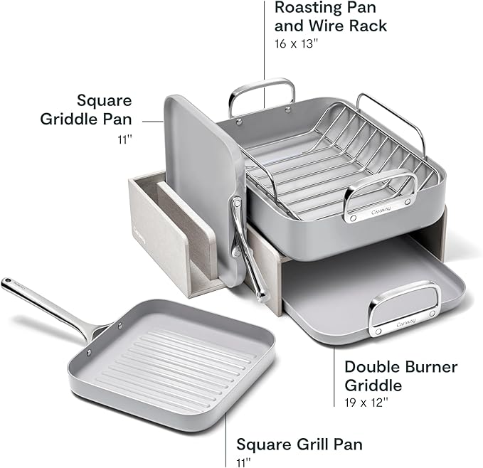 Caraway Square Cookware Set - Square Pans Set - Perfect for Griddling, Toasting, Searing, Roasting, and More - Non-Stick Ceramic Coated Pans - Non Toxic, PTFE & PFOA Free - Gray