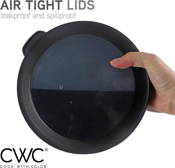 COOK WITH COLOR Mixing Bowls with Lids - 12 Piece Plastic Nesting Bowls Set includes 6 Prep Bowls and 6 Lids, Non Slip Bottom and Embossed Design - Microwave Safe (Black)