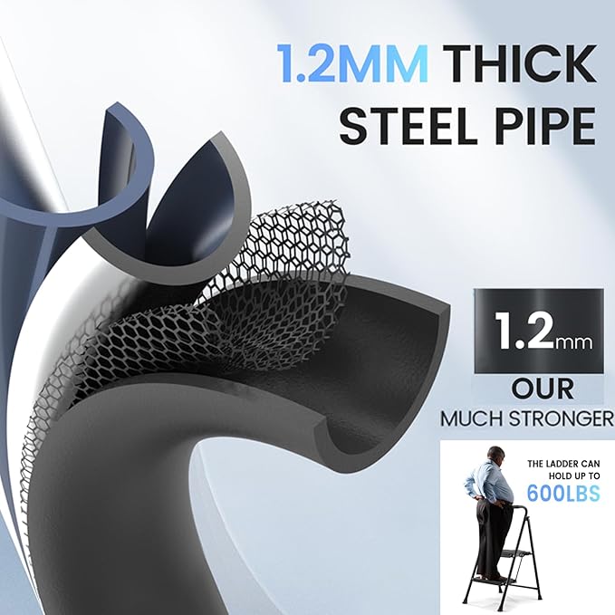 600lbs 2 Step Ladder,Folding Step Stool with Wide Anti-Slip Pedal, Heavy Duty Sturdy Steel Ladder with Handgrip,Portable Steel Step Stool for Home Kitchen Library Office (Matte Black)