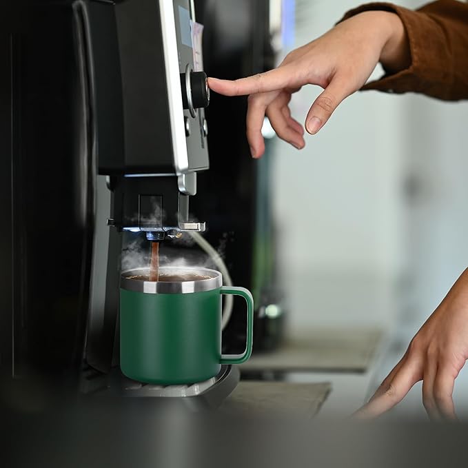 VEGOND 14 oz Insulated Coffee Mug Bulk with Handle, Stainless Steel Travel Coffee Mug with Lid, Double Wall Vacuum Metal Coffee Cup, Coffee Tumbler Powder Coated, Dark Green 4 Pack