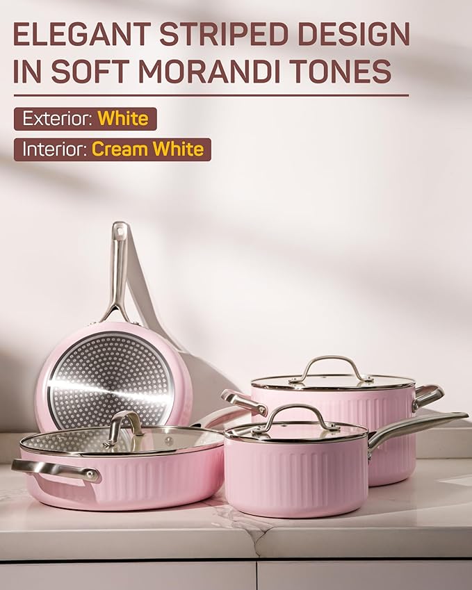 10Pcs Nonstick Cookware Set, Ciwete Tri-Ply Ceramics Cookware Set, Kitchen Pots and Pans with Stay Cool Ergonomic Handle, Dishwasher Safe, Oven Safe, Gift, Compatible with All Stovetop, Pink