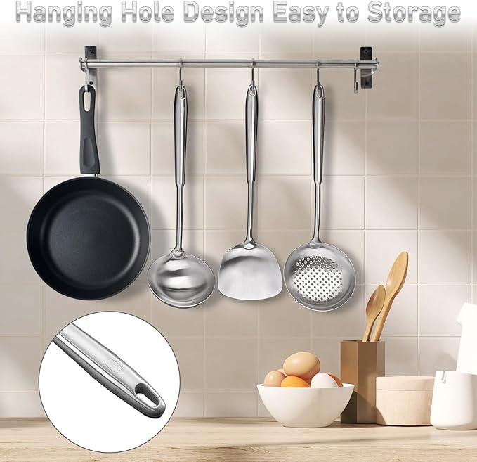 FJNATINH 4-Pieces 304 Stainless Steel Wok Spatula Set,Cooking Utensil Set,Soup Ladle Colander,Nonstick Kitchen Cooking Utensils Set with Spatula,Kitchenware Tools