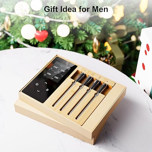 4 Probes Wireless Meat Thermometer, Bluetooth Digital Food Thermometer for BBQ, Grill, Oven, Smoker, Long Range and Rechargeable Base with Real-time Alerts, Cooking Gifts for Men