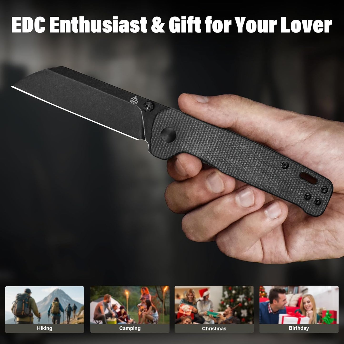 QSP Penguin V2 Folding Pocket Knife, 3.06" D2 Black Stonewash Blade EDC Knife, Dark Brown Micarta Handle, Liner Lock, Ceramic Ball Bearings, Reversible SS Deep Carry Clip