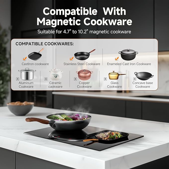 AMZCHEF Induction Cooktop 2 Burners 1800W, Built-in & Countertop Electric Cooktop with 9 Power Levels, 110V-120V Double Induction Stove with Plug, 99-min Timer, Safety Lock, Ceramic Glass