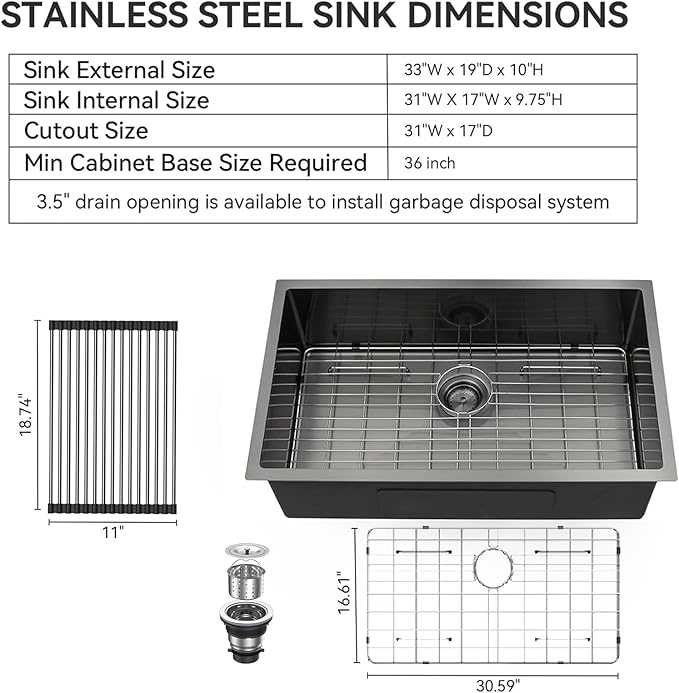 Lordear 33 Inch Black Stainless Steel Sink Undermount Kitchen Sink T304 16 Gauge 33x19 Inch Single Bowl Sink Handmade, Gunmetal Black 33x19x10 Inch, Handmade