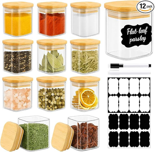 12 Pack 4 oz Square Glass Spice Jars with Lids and Labels – Airtight Small Seasoning Containers Set, Clear Glass Storage Jars for Seasoning, Spices, Kitchen Pantry Organization