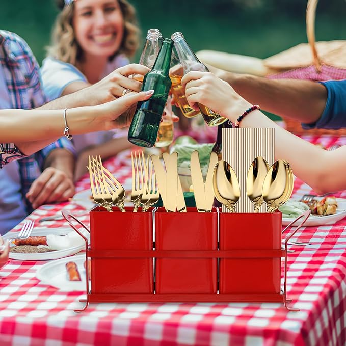 Kitchen Utensil Holder for Countertop - Outdoor Silverware Caddy, Picnic and Camping Utensil Organizer, Flatware Holder for Party Gatherings, Metal and Durable Design (Red)