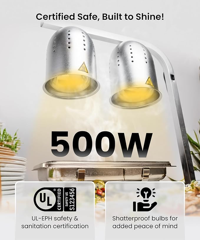 SYBO DL2112 Commercial Grade Food Heat Lamp, Electric 2-Bulb Food Warmer with Adjustable Stand, 500W, Silver