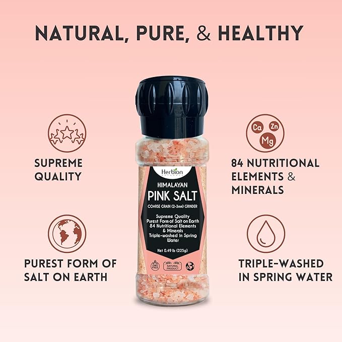 HERBION Naturals Himalayan Pink Salt Grinder Coarse Grain, 100% Pure with 84 Minerals for Seasoning, Refillable, All-Natural Salt, Triple-Washed in Spring Water, Vegan, Kosher Certified Pack of 1