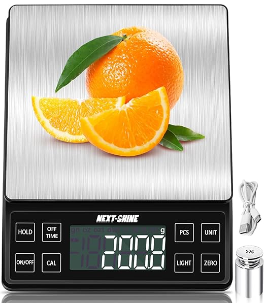 NEXT-SHINE Food Kitchen Scale 11lb, 0.1g/0.01oz Precise Graduation Rechargeable Digital Scale with Nine Units Large Tray Stainless Steel Platform LCD Display for Meal Prep Cooking Baking