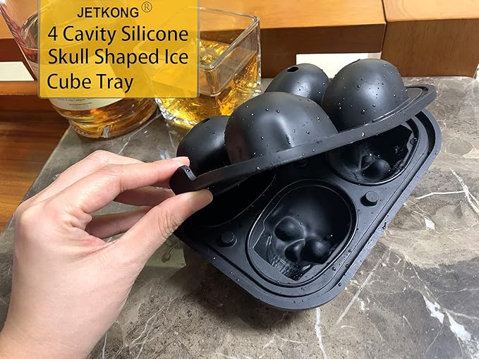 JETKONG Large Skull Ice Mold - 4 Cavity Silicone Skull Ice Maker - Ice Cube Tray for Whiskey, Bourbon, Cocktails and Juice