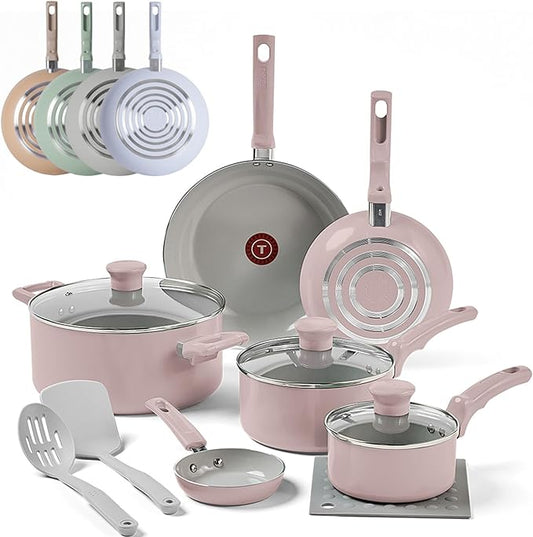 T-Fal Refresh Ceramic Nonstick Cookware Set, 12-Piece Ceramic Pots and Pans Set, Oven Safe to 350°F, Includes Stockpot, Griddle, Frying Pans, & Utensils, Dusty Rose