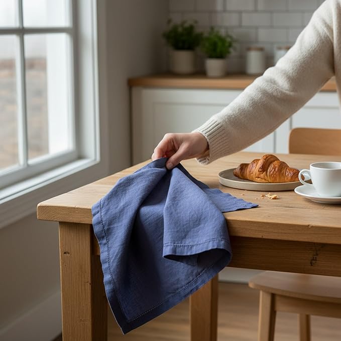 Hemstitched Linen Napkins – 20 Inch x 20 Inch – Stonewashed Pure Linen Cloth Dinner Napkins with Mitered Corners - 100% French Flax – Machine Washable - Set of 4 (Soft Blue)