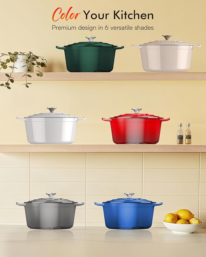 Nuwave 6QT Healthy Enameled Cast Iron Dutch Oven Pot with Lid, Heavy Duty 7-Layer Enamel, Enhanced Rust Protection, Dual Handles, Oven Safe to 500°F for Sourdough Bread Baking, Braise, Stew, Roast