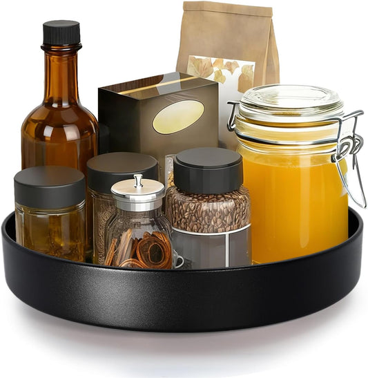 Metal Lazy Susan Organizer, 8.7 Inch Anti-Rust Turntable for Cabinet, Kitchen, Dining Table, Bathroom – Rotating Spice Rack, Spinner Storage, Round Carousel Organizer for Countertop Black