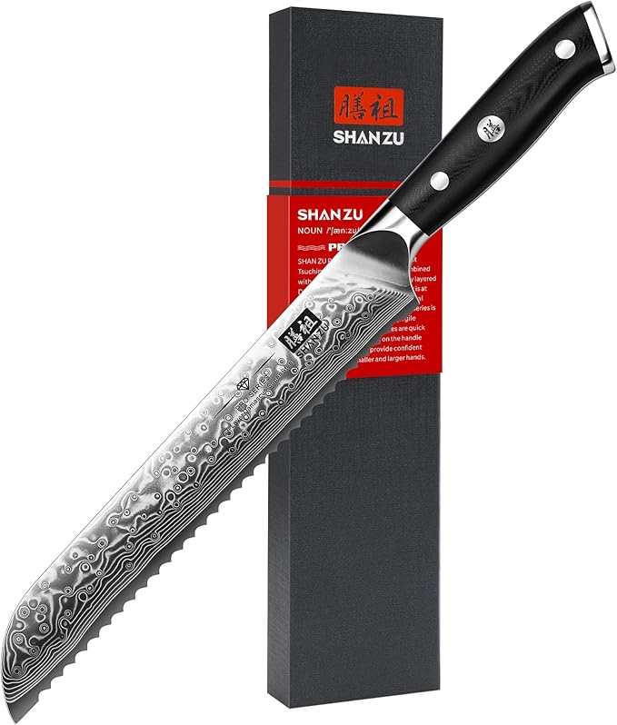 SHAN ZU Bread Knife 8 Inch Japanese Steel Damascus Serrated Knife Wave Edge, Professional Sharp 10Cr15Mov High Carbon Super Steel Cake Knife Bread Cutter with G10 Handle