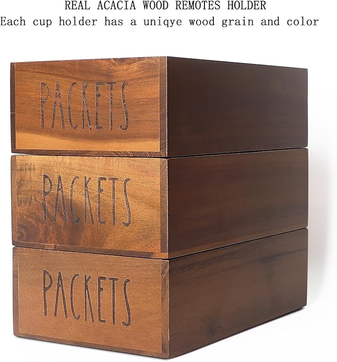 Packet Organizer, Acacia Wood Packet Storage Organizer with 3 Compartments,Farmhouse Kitchen Organization for Spice, Gravy, Taco, and Dressings Packets for Kitchen (Brown Label PACKETS)