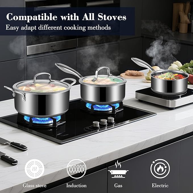 Tri-Ply Stainless Steel Stock Pot, 5 Quart Pot with Lid - Non Stick Pots -Induction Ready, Cooking Pots with Lids, Cool Handles, Dishwasher (Stainless Steel, 8PCS)